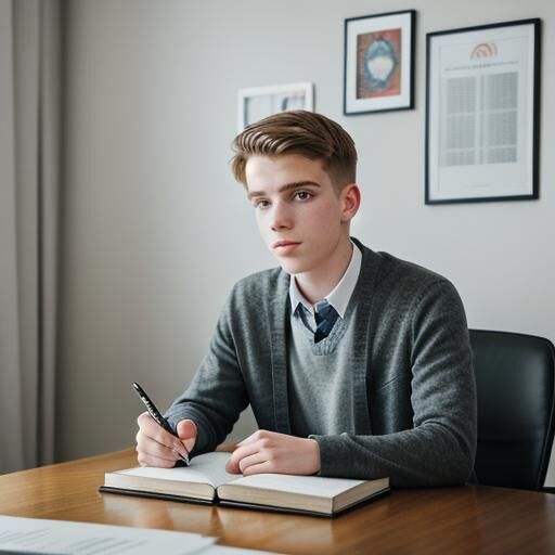 Young male student in school uniform writing in a book.
