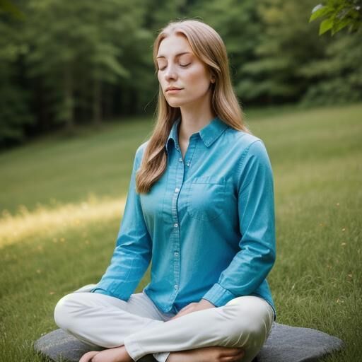 Woman sitting cross-legged meditating in a lush green park.