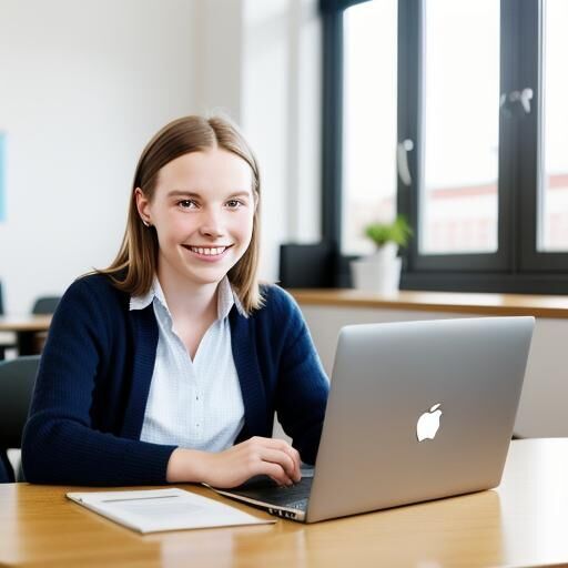 A smiling woman using a laptop in a classroom.