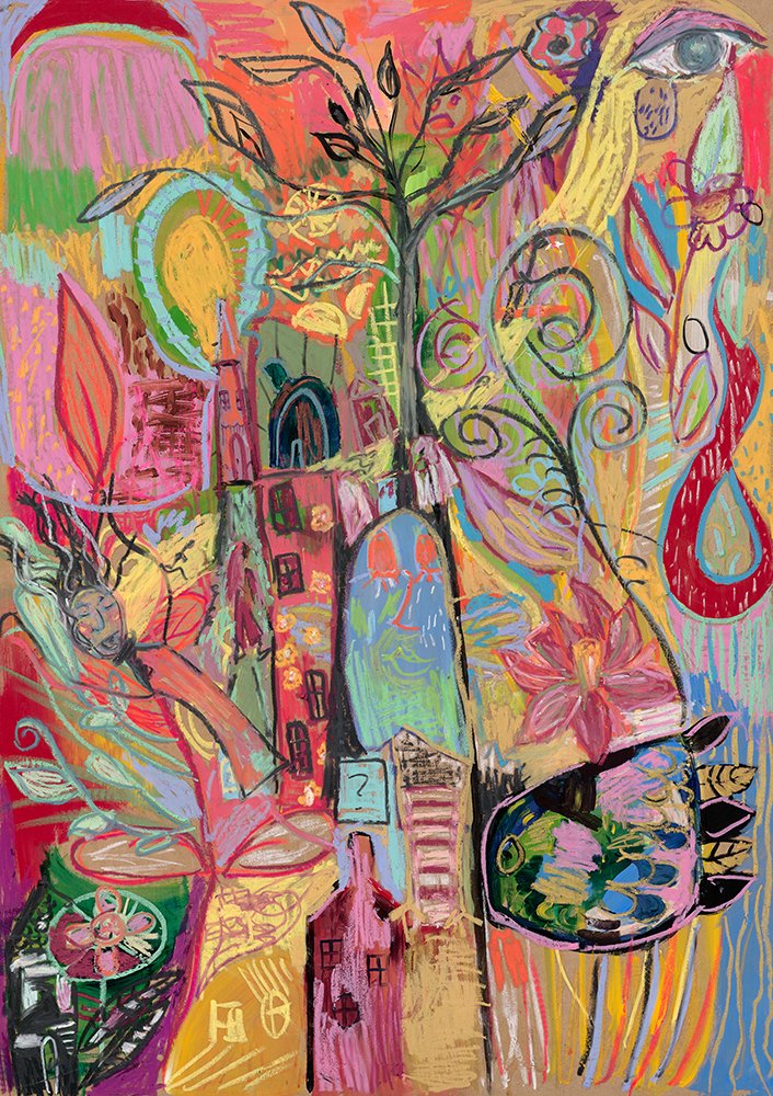 Vibrant abstract pastel art with tree, buildings, figures, and eye.