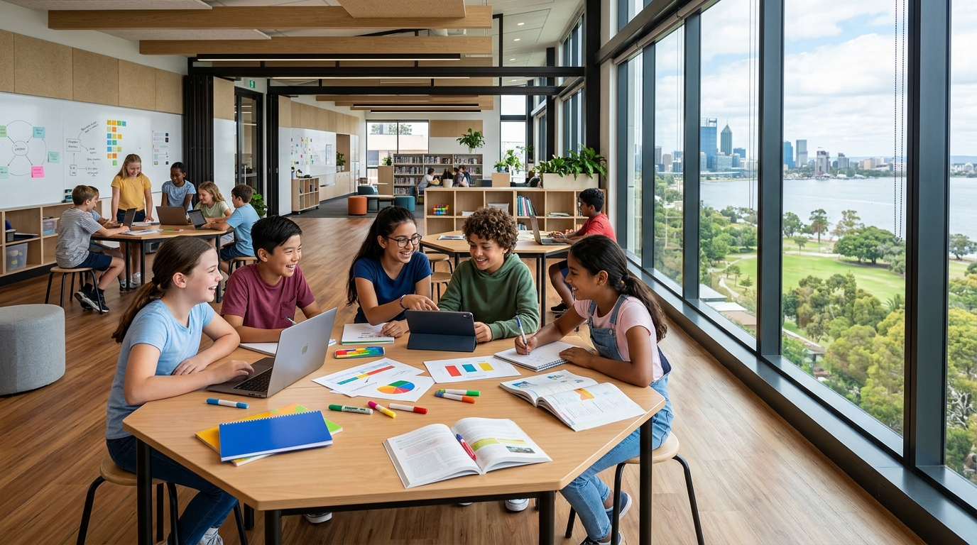 Students collaborating in a modern classroom with city views.