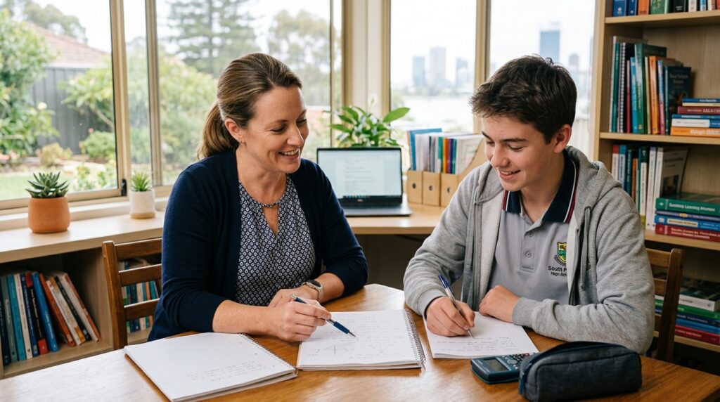 Woman tutoring male student at desk, both smiling happily.